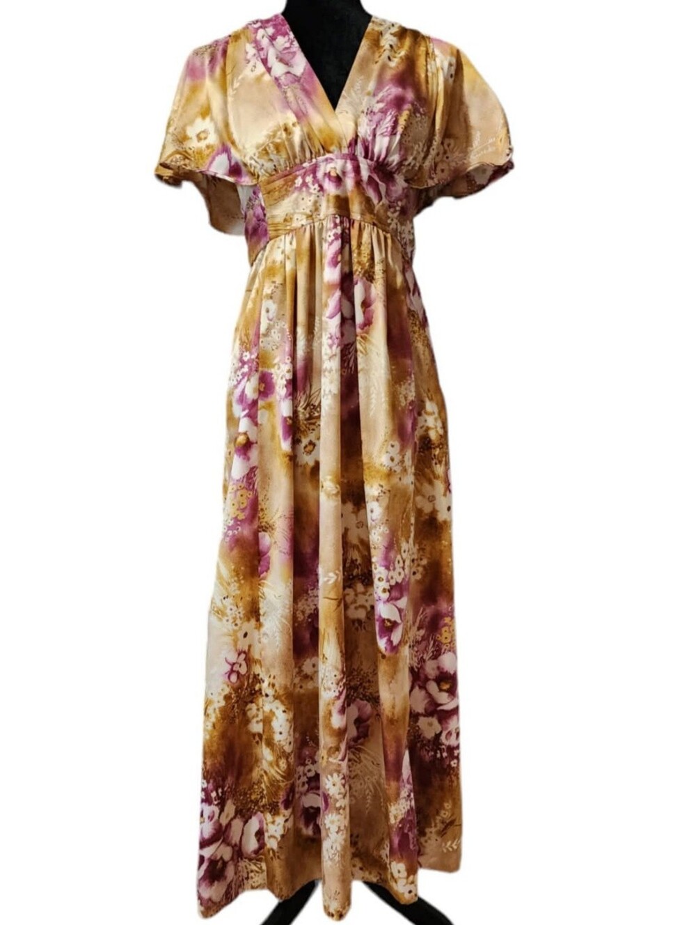 Vintage 1970s Lilia Honolulu Hawaiian Floral Hostess Maxi Dress Empire Waist XS